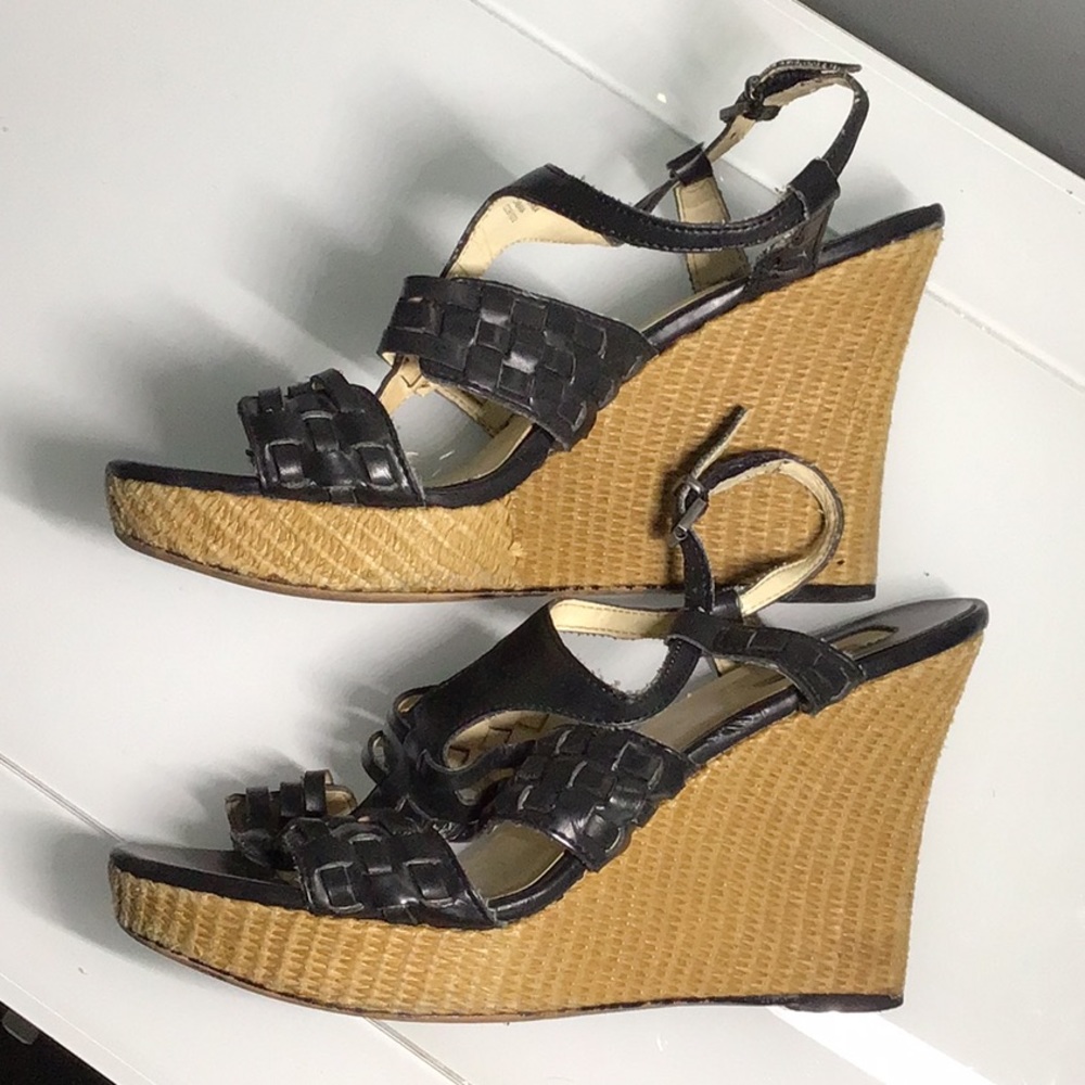 Max Studio Black /Tan High Heel 4” Wedge Shoes